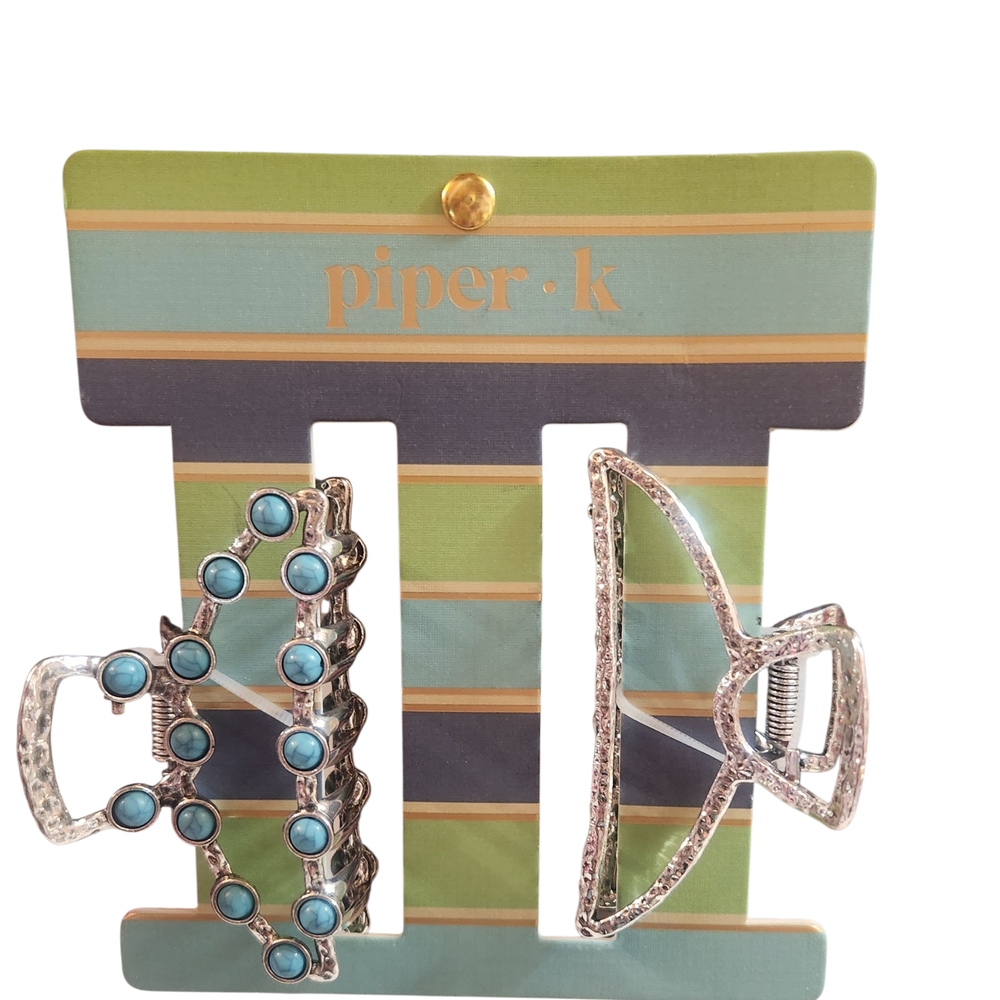 Piper K Silver and Turquoise Blue Stone Embellished Large Hair Clip Set - Picture 5 of 6